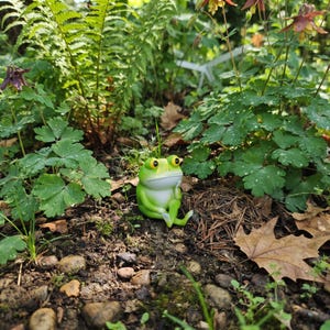 Può includere: Una piccola statuetta di rana verde chiaro liscia con grandi occhi gialli e pancia bianca, seduta in una posa pensierosa con una mano vicino al mento, posizionata su terra scura circondata da fogliame verde e foglie marroni.