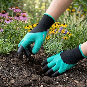 May include: A pair of gardening gloves featuring a teal rubberized palm and fingers with black plastic claws attached to the fingertips. The gloves have black knit cuffs with teal trim, designed for digging into dark brown soil in a garden.