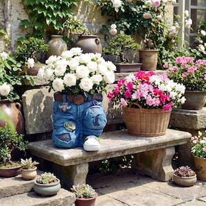 May include: A whimsical garden scene features a stone bench adorned with various potted plants. A unique denim-style planter holds white roses, while a wicker basket displays pink and white azaleas. Other pots contain succulents and bonsai trees, creating a charming outdoor display.