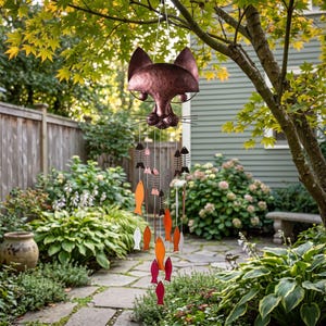 May include: A copper-colored metal wind chime shaped like a cat head with wire whiskers, featuring hanging strands of colorful metal fish and fish skeleton silhouettes in shades of orange, red, white, and dark brown, suspended by thin strings.