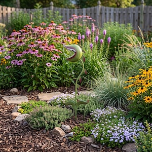Puede incluir: Un estaca de jardín de metal verde con forma de planta carnívora con una boca ancha y abierta que muestra dientes blancos afilados. La planta tiene un tallo largo y delgado con pequeños detalles de hojas rojas y una base con dos hojas grandes.