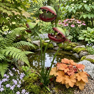 Puede incluir: Una escultura de jardín de metal que presenta tres plantas carnívoras estilizadas con bocas abiertas y dentadas. Las plantas tienen hojas exteriores verdes e interiores de color rojo intenso, sostenidas por tallos verdes finos.