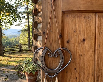 Lucky Love Horseshoe Heart Wind Chime | Rustic Metal Hanging Bells Farmhouse Garden Decor | Romantic Valentine Iron Anniversary Gift