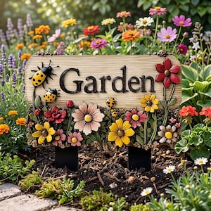 Puede incluir: Un letrero de jardín de madera con la palabra "Garden" en letras marrón oscuro. El letrero está decorado con flores coloridas, mariquitas y un borde floral. El letrero está colocado en un jardín con varias flores.