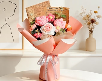 かぎ針編みの花束、かぎ針編みのチューリップとバラ、編み物の花、永遠のホーム＆ウェディングデコレーション、彼女へのギフト、お母さん、ガールフレンド、記念日、誕生日プレゼント