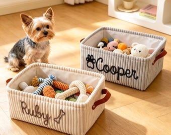 Personalized Corduroy Pet Toy Storage Basket – Custom Name Embroidery, Pet Lover Gift