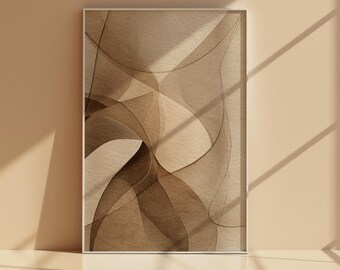 Lámina decorativa abstracta neutra para pared, póster de cinta translúcida beige, decoración moderna orgánica con líneas marrones.