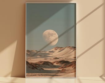 Moon Over Desert Dunes Wall Art Printable, Neutral Landscape Poster, Beige Celestial Desert Digital Download Decor