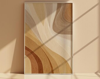 Arte de parede abstrata em arco para imprimir, pôster com linhas em tons de bege quente, download digital com curvas modernas e orgânicas retrô.