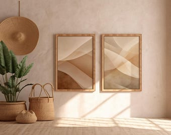 Set of 2 Abstract Neutral Beige Wall Art Prints, Organic Modern Flow and Layered Ribbon Poster, Minimal Boho Gallery Wall Download