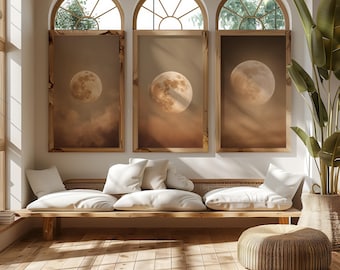 Set of 3 Minimal Moon Wall Art Printables, Neutral Celestial Sky Poster Trio, Warm Beige Brown Terracotta Lunar Decor