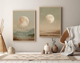 Set di 2 stampe artistiche da parete con luna e uccelli, paesaggio lunare color salvia neutro, stampa da parete con prato nebbioso e montagna, download per galleria.