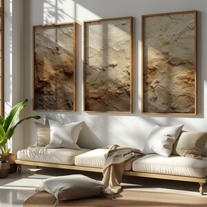 Textured Plaster Wall Art Set of 3, Neutral Abstract Prints, Beige Brown Rustic Modern Decor, Printable Download