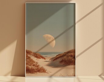 Moon Over Ocean Dunes Wall Art Printable, Neutral Coastal Landscape Poster, Beige Beach Moon Digital Download Decor
