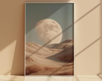 Full Moon Horizon Wall Art Printable, Minimal Neutral Moonrise Landscape Poster, Beige Desert Valley Digital Download