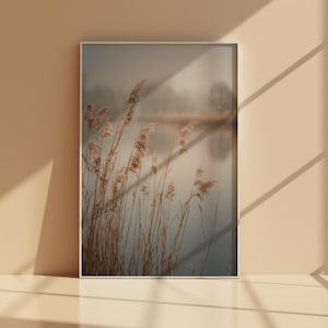 Misty Lake Reeds Wall Art Printable, Neutral Marsh Reflection Landscape Print, Beige Calm Nature Decor