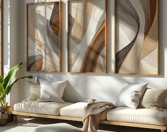 Set of 3 Textured Abstract Line Wall Art Prints, Neutral Contour Ribbon Poster Trio, Beige Brown Organic Modern Gallery Wall Download