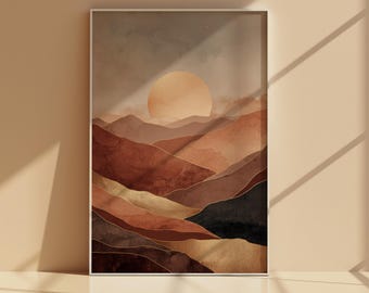 Arte de pared imprimible Golden Horizon, montañas de acuarela en capas con líneas doradas, paisaje bohemio neutro cálido, descarga digital
