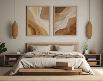 Conjunto de 2 pôsteres abstratos em tons neutros, com arcos e linhas fluidas em tons de bege quente, para decoração de parede em galeria moderna e orgânica.