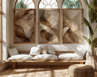 Conjunto de 3 láminas de arte abstracto neutro para pared, conjunto de pósteres modernos orgánicos de líneas y cintas en tonos beige y marrón, decoración imprimible con textura