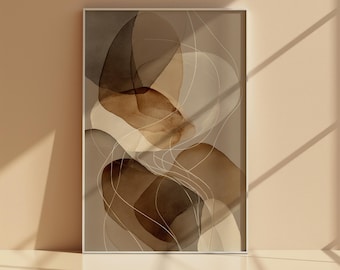Lámina decorativa abstracta texturizada para pared, póster neutro en tonos marrón y beige, estampado de formas orgánicas transparentes para decoración moderna.