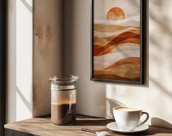 Arte mural imprimible con atardecer en el desierto, paisaje abstracto de terracota, póster bohemio moderno neutro, arte minimalista en tonos tierra cálidos.