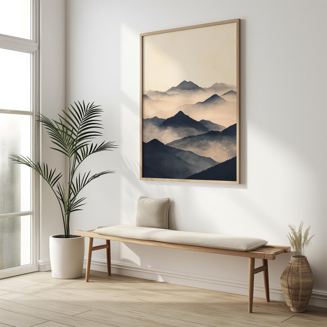 Layered Mountain Landscape Printable, Misty Blue Beige Wall Art, Modern ...