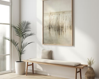 Arte mural imprimible minimalista de hierba de lago, impresión de paisaje con reflejos de juncos neutros, decoración de naturaleza tranquila en beige, descarga digital