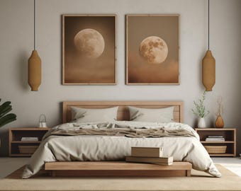Set of 2 Minimal Moon Wall Art Printables, Neutral Celestial Sky Poster Set, Beige Brown Terracotta Full Moon Decor