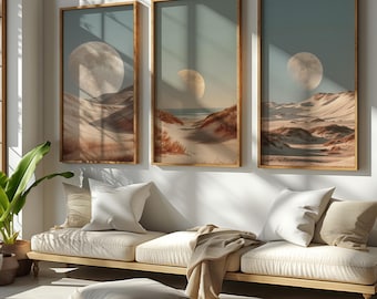 Set of 3 Moon Landscape Wall Art Prints, Desert Dunes Coastal Beach and Full Moon Printable Trio, Neutral Beige Gallery Wall Download