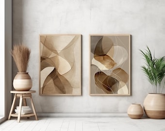 Conjunto de 2 láminas abstractas neutras, arte mural con cinta texturizada y líneas de contorno, díptico moderno orgánico en tonos beige y marrón.