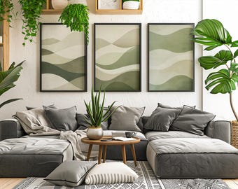 Sage Green Wall Art Set of 3, Minimal Abstract Waves Printable Trio, Japandi Scandinavian Neutral Prints, Instant Download