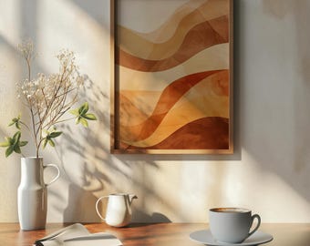 Arte mural imprimible con diseño abstracto de olas del desierto, póster moderno en tonos terracota y ocre cálidos, curvas bohemias minimalistas, descarga digital neutra de mediados de siglo.