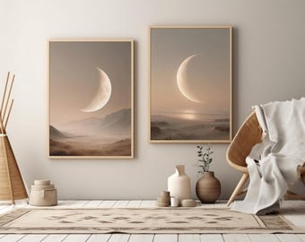 Juego de 2 láminas decorativas de luna creciente para pared, paisaje neutro de playa y valle para imprimir, decoración de pared de galería celestial en color beige.