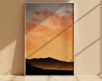Arte de pared imprimible con atardecer en el horizonte dorado, paisaje minimalista de cresta montañosa, degradado de cielo de acuarela cálido, decoración moderna neutra, descarga digital