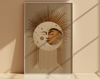 Sun and Moon Face Wall Art Printable, Boho Celestial Line Art Print, Neutral Terracotta Vintage Lunar Solar Poster