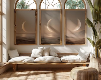 Juego de 3 láminas decorativas de luna creciente para pared, paisaje costero y de valle en tonos neutros, para imprimir, conjunto de galería de arte celestial en color beige.