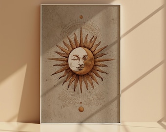 Sun and Moon Face Wall Art Printable, Vintage Celestial Solar Lunar Poster, Neutral Terracotta Boho Digital Download