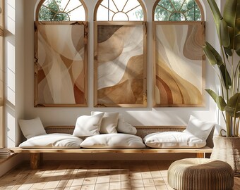 Conjunto de 3 pôsteres abstratos em tons neutros para parede, com arco em bege quente e linhas translúcidas, para uma galeria de parede moderna e orgânica (download para download).