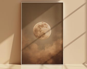 Moon Above Clouds Wall Art Printable, Warm Neutral Celestial Sky Print, Golden Full Moon Poster, Minimal Japandi Decor