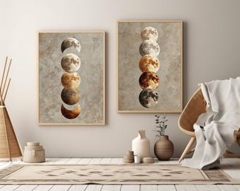 Set of 2 Moon Phase Wall Art Prints, Lunar Cycle and Stacked Moon Printable, Neutral Celestial Beige Gallery Wall Download