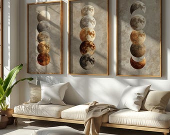 Set of 3 Moon Phase Wall Art Prints, Lunar Cycle Moon Study Printable Trio, Neutral Celestial Beige Gallery Wall