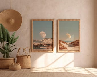 Set of 2 Moon Landscape Wall Art Prints, Desert Dunes and Coastal Moon Printable, Neutral Beige Boho Gallery Wall Download
