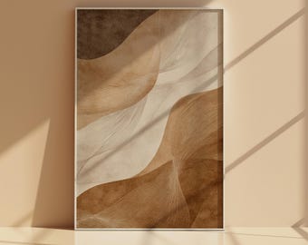 Arte de parede abstrata com linhas fluidas para impressão, pôster moderno orgânico em tons quentes de bege e marrom, download digital minimalista com textura curva.