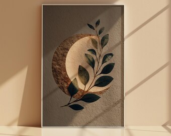 Abstract Crescent Moon Wall Art Printable, Neutral Botanical Celestial Print, Earth Tone Leaf Moon Decor, Modern Boho Download