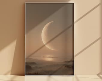 Lámina decorativa imprimible de luna creciente en la playa, póster celestial costero neutro, decoración digital de luna oceánica beige