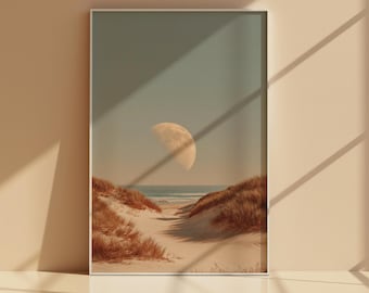 Lámina decorativa imprimible con diseño de sendero en Moon Beach, póster celestial costero neutro, decoración lunar oceánica con dunas beige.