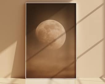 Minimal Full Moon Wall Art Printable, Neutral Celestial Sky Print, Beige Brown Moon Poster, Japandi Lunar Digital Download