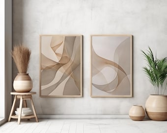 Neutral Abstract Set of 2 Printable Wall Art | Beige & Taupe Sheer Ribbon Waves | Minimal Modern Diptych Download