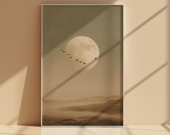 Stampa artistica da parete con luna e uccelli, poster minimalista con paesaggio lunare neutro, download digitale di colline nebbiose color salvia beige.